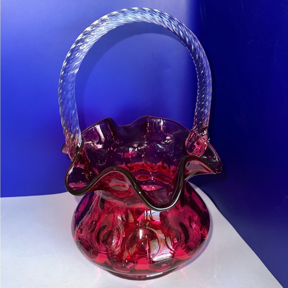Vintage Fenton Glass Basket Pink Or Cranberry Color Coin Dot Design 8" Tall